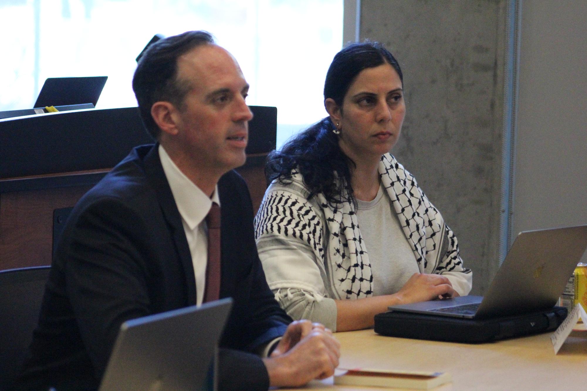 San Diego Community College District Chancellor Greg Smith, left, speaks to the public at the San Diego City College Academic Senate, March 4, 2024. Smith attended the meeting to clarify the SDCCD’s position on the removal of a Palestine solidarity poster from City’s campus and to understand the public’s position on free speech and academic freedom as it relates to Palestine solidarity expression. Academic Senate President-Elect Mona Alsoraimi-Espiritu sits to his right. Photo by Susana Serrano/City Times Media 