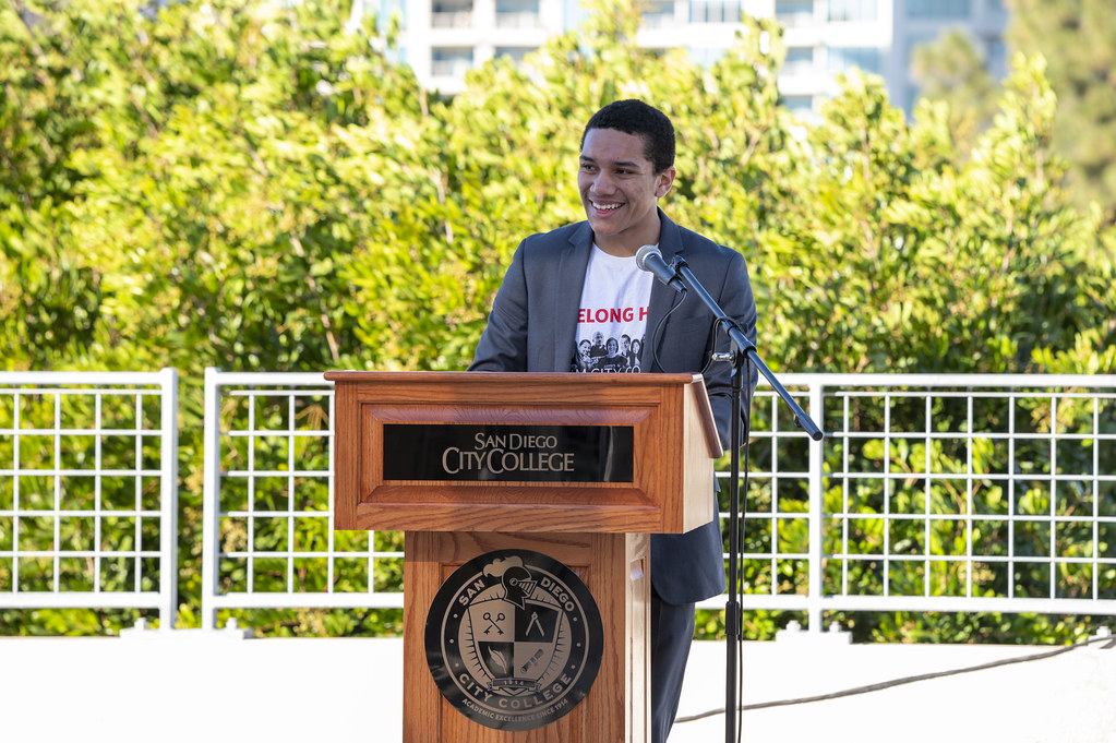 ASG President Diego Bethea speaks at the San Diego City College Spring Convocation, April 14, 2024. Photo credit: SDCity Communications
