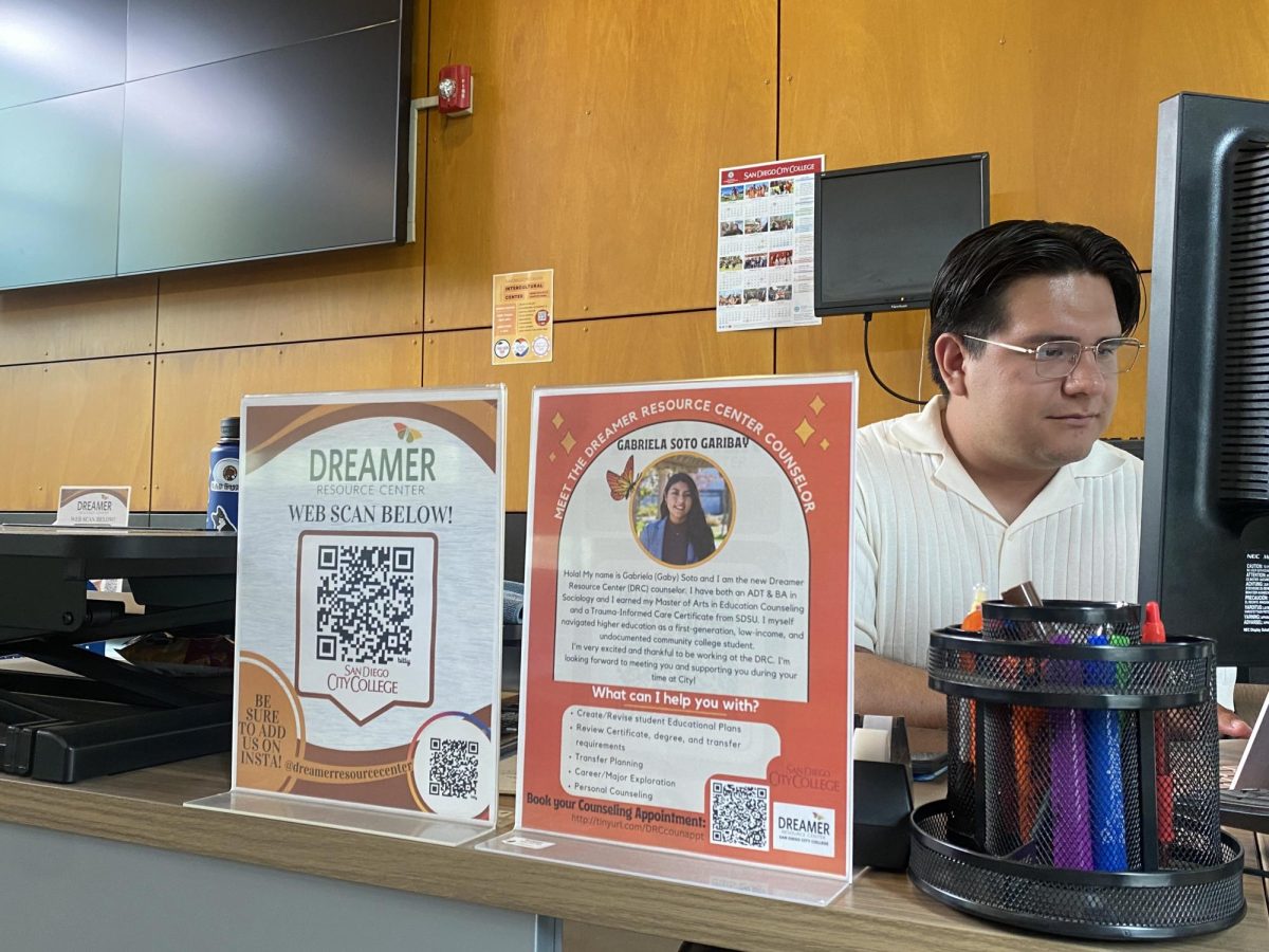 Geology major Jose Segura works in the San Diego City College Dreamers Resource Center for a work-study program, April 30, 2024. The Dreamers Resource Center will be one of the areas affected by the bond if approved by voters in November. Photo by Samantha Griffen/ City Times Media
