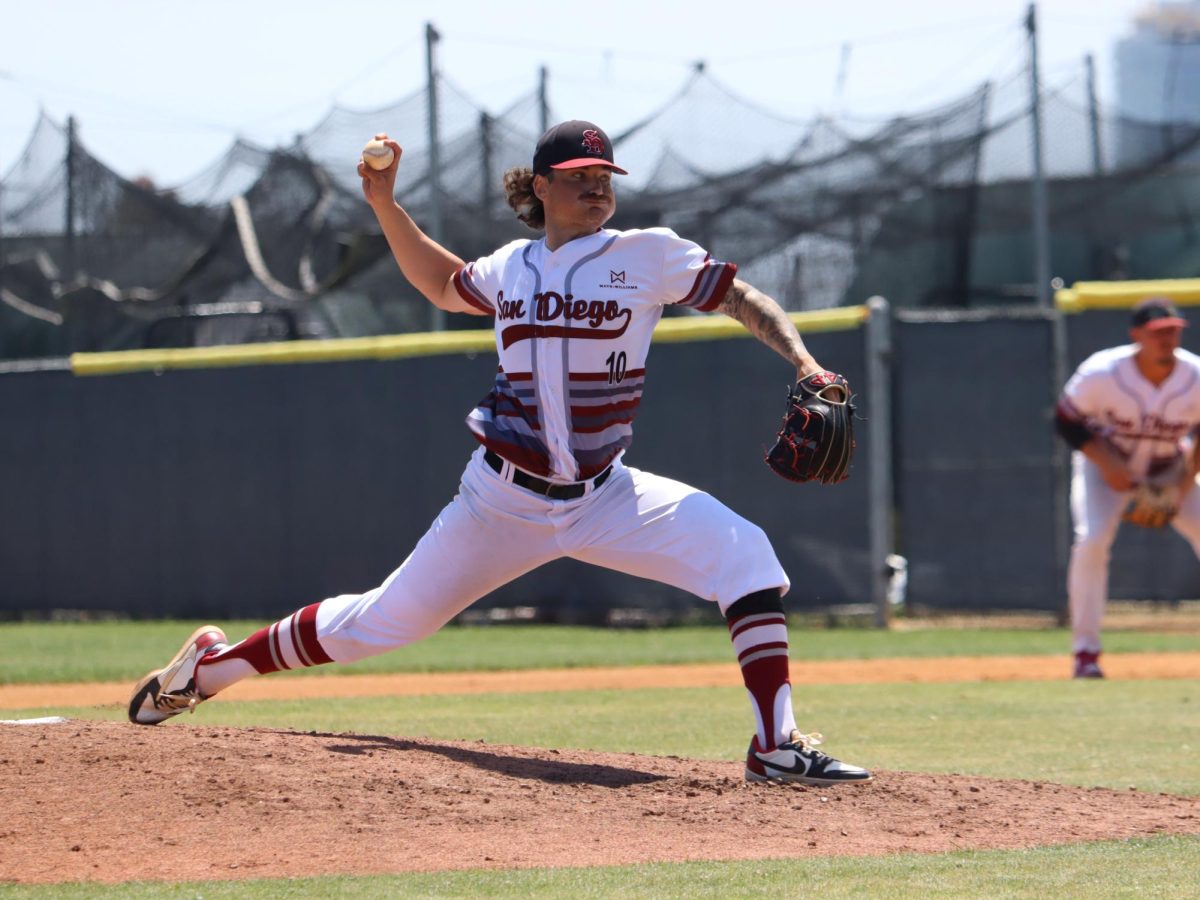  San Diego City College pitcher Avery Laine pitches against San Diego Mesa at Morley Field Friday, April 19, 2024 (Photo credit: Gus Celarie/San Diego City College Sports Information)
