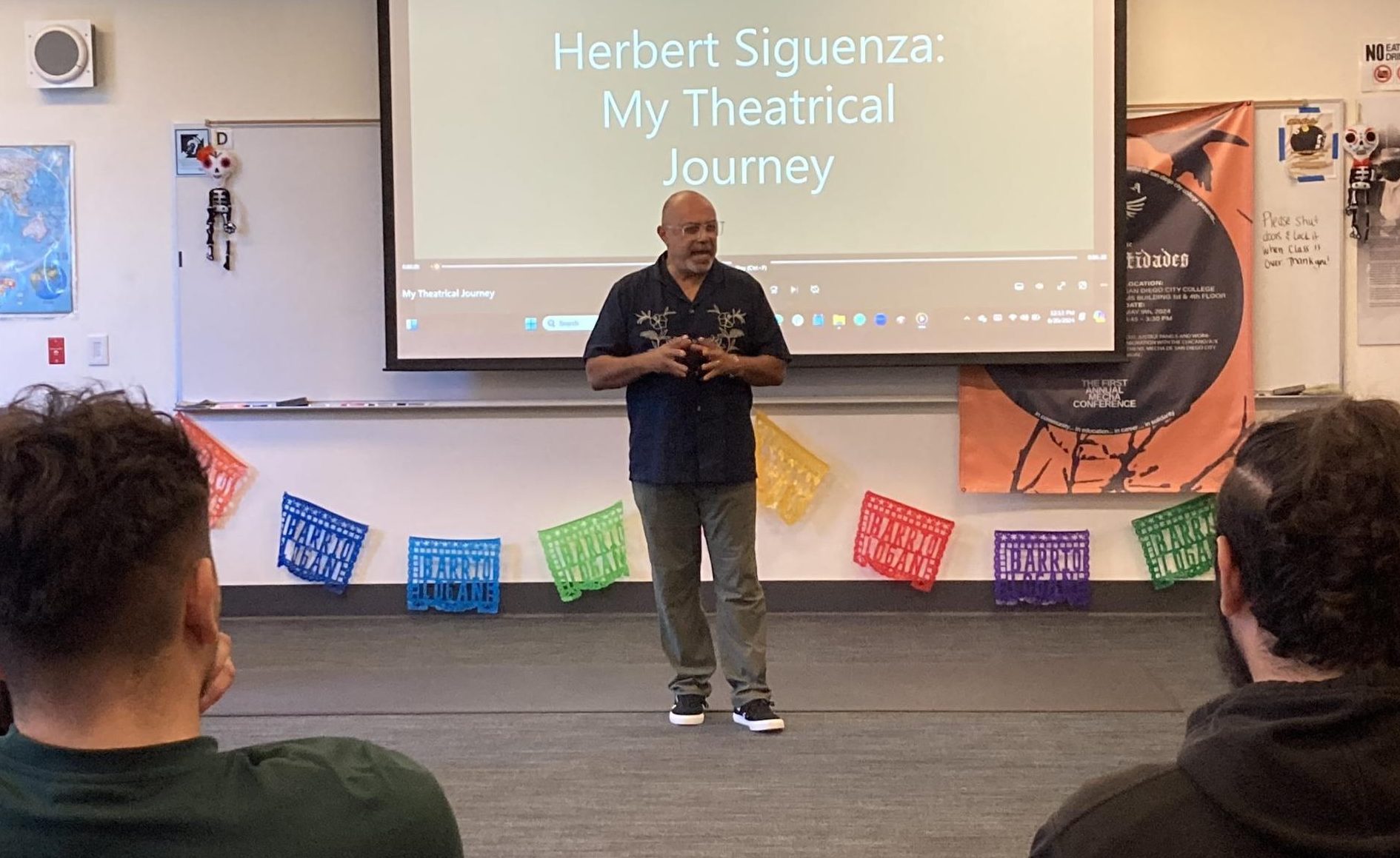 San Diego City College professor Herbert Siguenza introduces himself to his students on the first day of Chicano Dramatic Arts in the MS building, Tuesday, August 20, 2024. 
 With 40 years of experience, Siguenza professes to be a “living history” of the course material taught in his class. Photo by Marco Guajardo/City Times Media