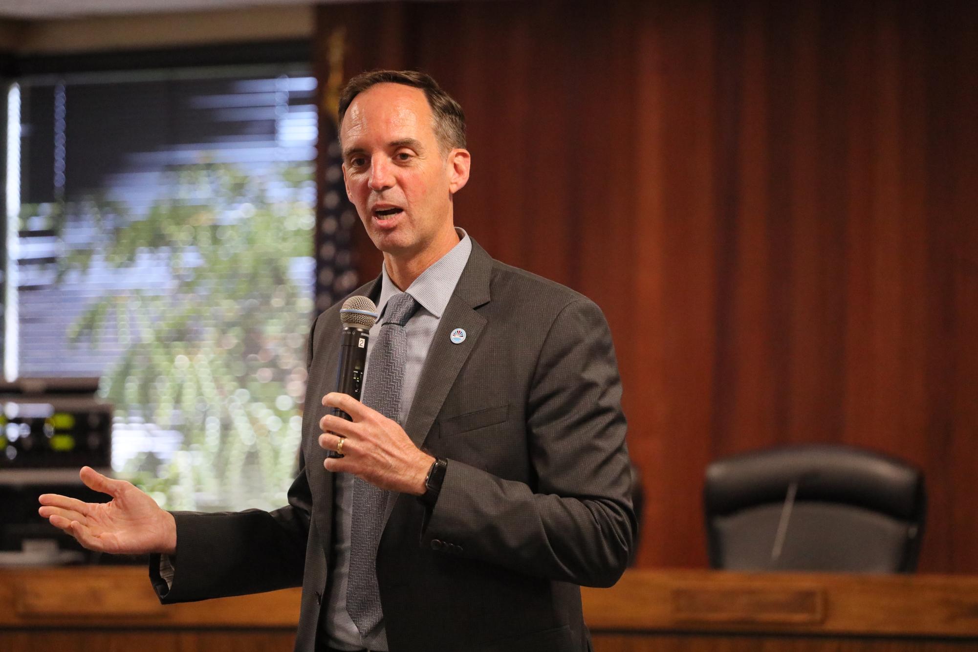 Chancellor Greg Smith speaks at a welcome reception for SDCCD’s vice chancellors, August 12, 2024. Photo courtesy of SDCCD Flickr