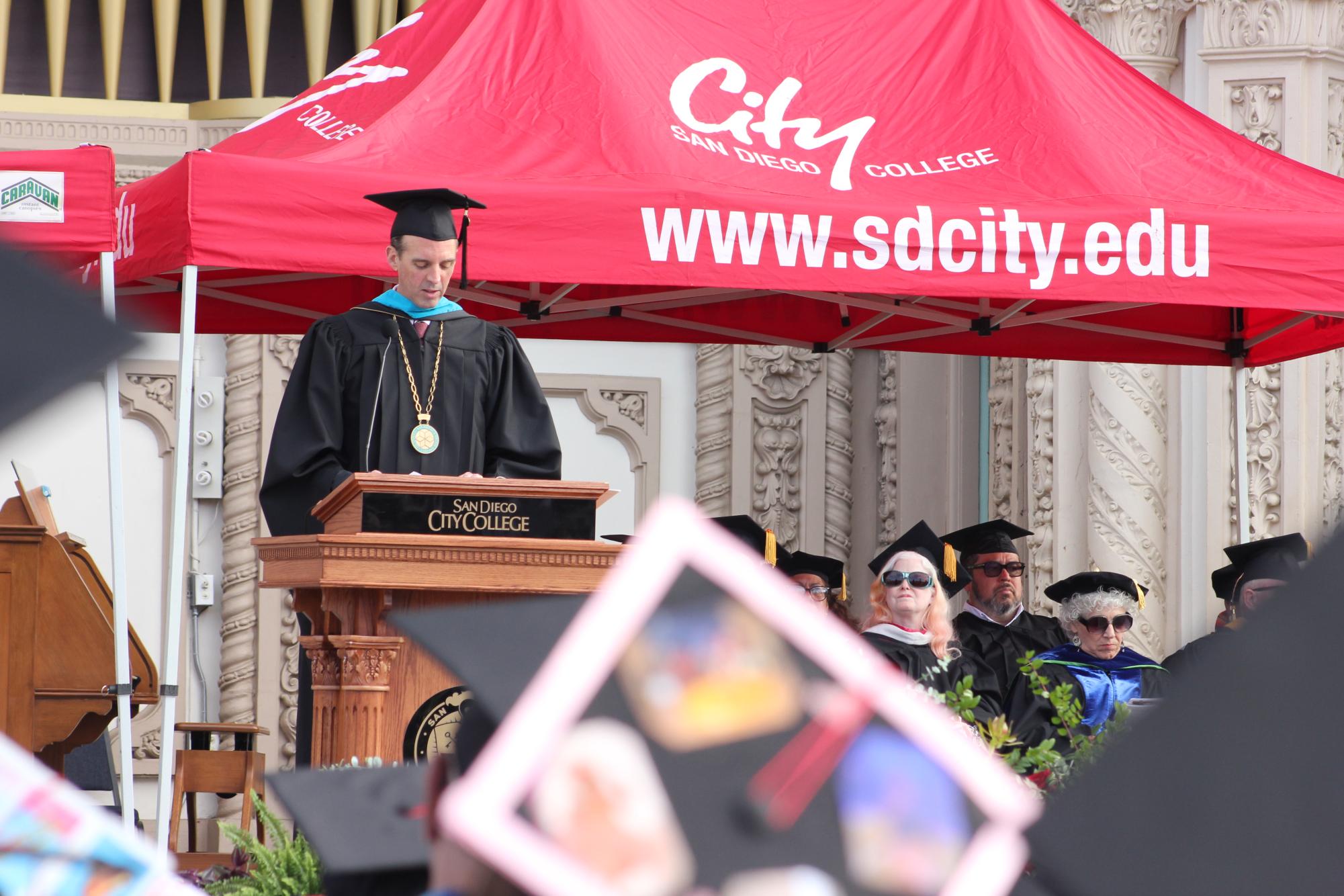 Chancellor Greg Smith speaks at the City College Commencement Ceremony, May 23, 2024. Photo by Bailey Kohnen/City Times Media