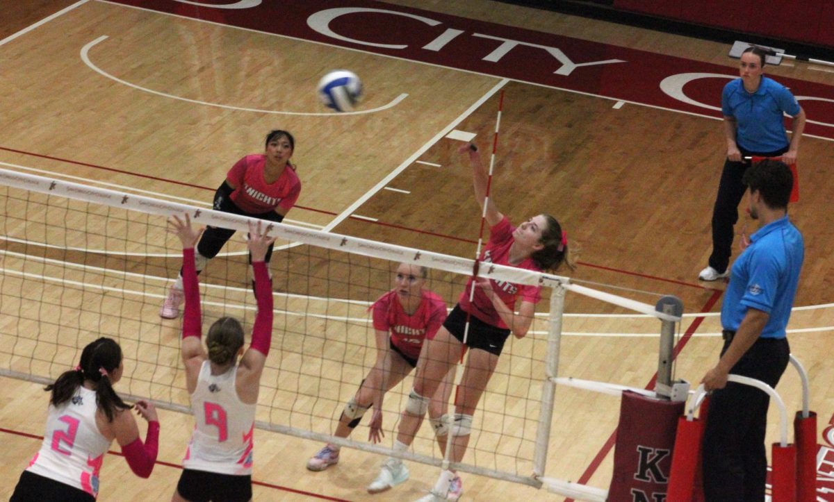  City College sophomore Allison Wygal, far right, spikes a ball against Cuyamaca College, Wednesday, Oct. 23, 2024 at Harry West Gym. Photo by Danny Straus/City Times Media.
