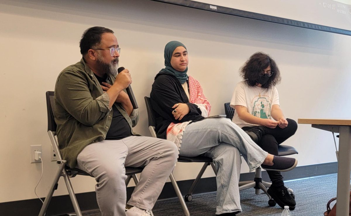 Cal State San Marcos professor and poet Jason Magabo Perez, left, alongside fellow poets Bara’ah Oriqat, center, and Summer Farah, right, answer questions posed by attendees at the Poetry for Palestine event at City College, Thursday, Oct. 3, 2024. Photo by Jordan Bell/City Times Media