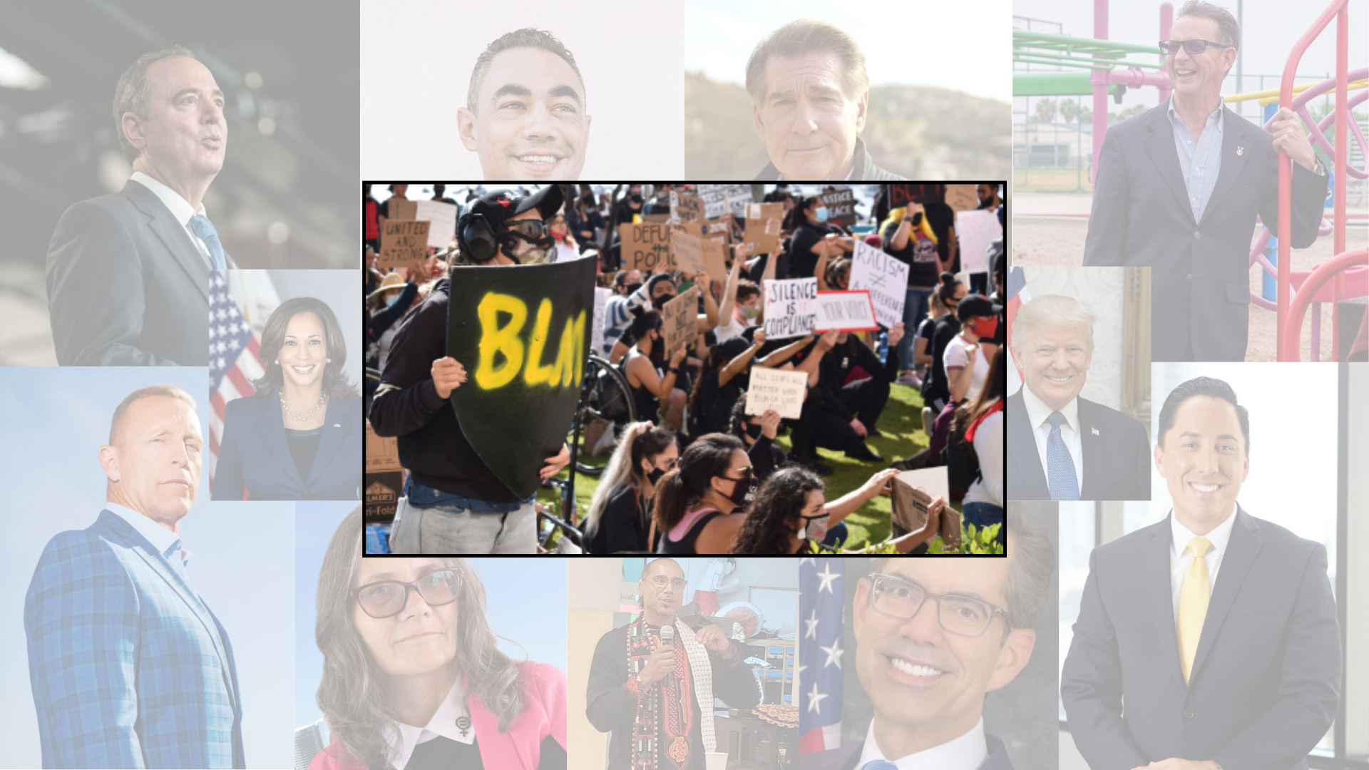 Candidates for office in background, clockwise from top left, Adam Shiff (U.S. Senate), Sean Elo-Rivera (District 9), Steve Garvey (U.S. Senate), Terry Hoskins (District 9), Donald Trump (President), Todd Gloria (Mayor), Stephen Whitburn (District 3), Butch Ware (President), Coleen Cusack (District 3), Larry Turner (Mayor), Kamala Harris (President) respond to questions regarding Civil Rights and Inequalities. Illustration by Luke Bradbury/City Times Media