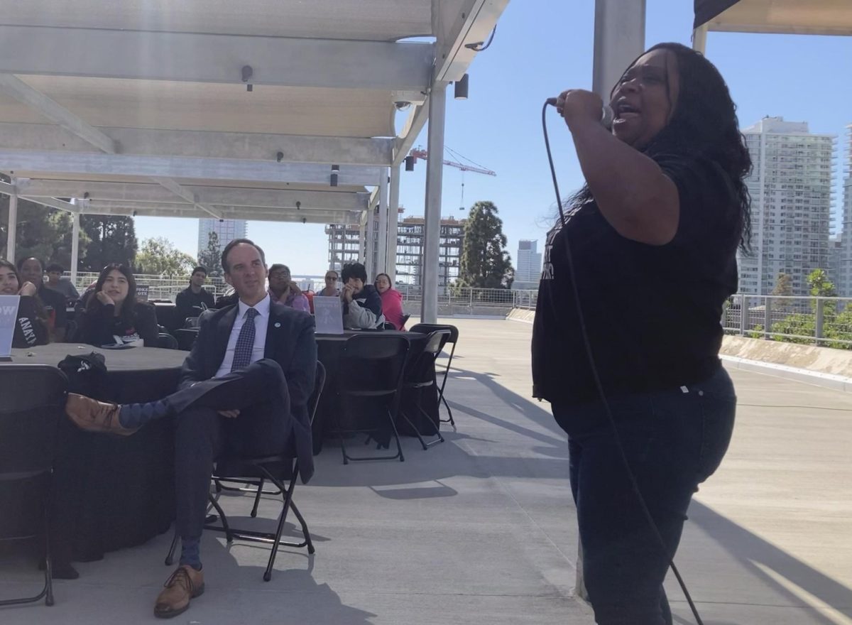 Pillars of the Community Program Director Layla Aziz, right, hypes San Diego City College students up with the call and response greeting, “When I say knowledge you say power!” Wednesday, Oct. 30 2024. Photo by Marco Guajardo/City Time Media