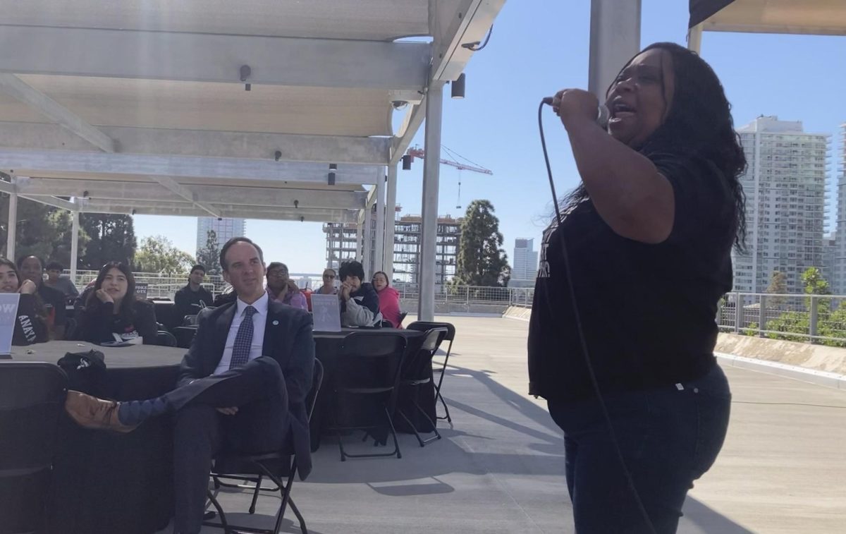 Pillars of the Community Program Director Laila Aziz, right, hypes San Diego City College students up with the call and response greeting, “When I say knowledge you say power!” Wednesday, Oct. 30 2024. Photo by Marco Guajardo/City Time Media