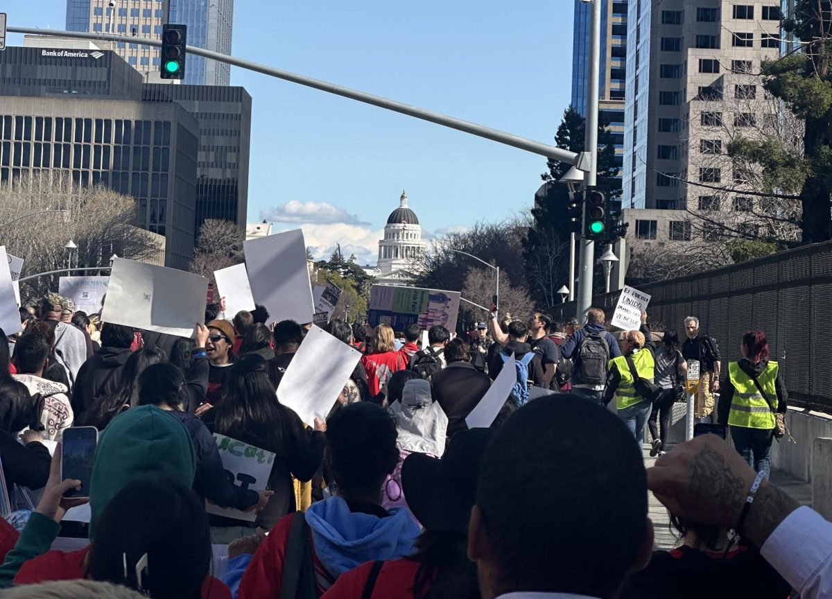 Students and faculty walk towards the California State Capital during the "March in March," an annual event put on by CFT and other teachers' unions to raise awareness about issues impacting education, March 7, 2024. Photo by Bailey Kohnen/City Times Media