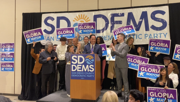 Todd Gloria, at the lectern, celebrates his presumptive win with local Democrats on election night, Tuesday, Nov. 5, 2024. Photo by David J. Bohnet/City Times Media