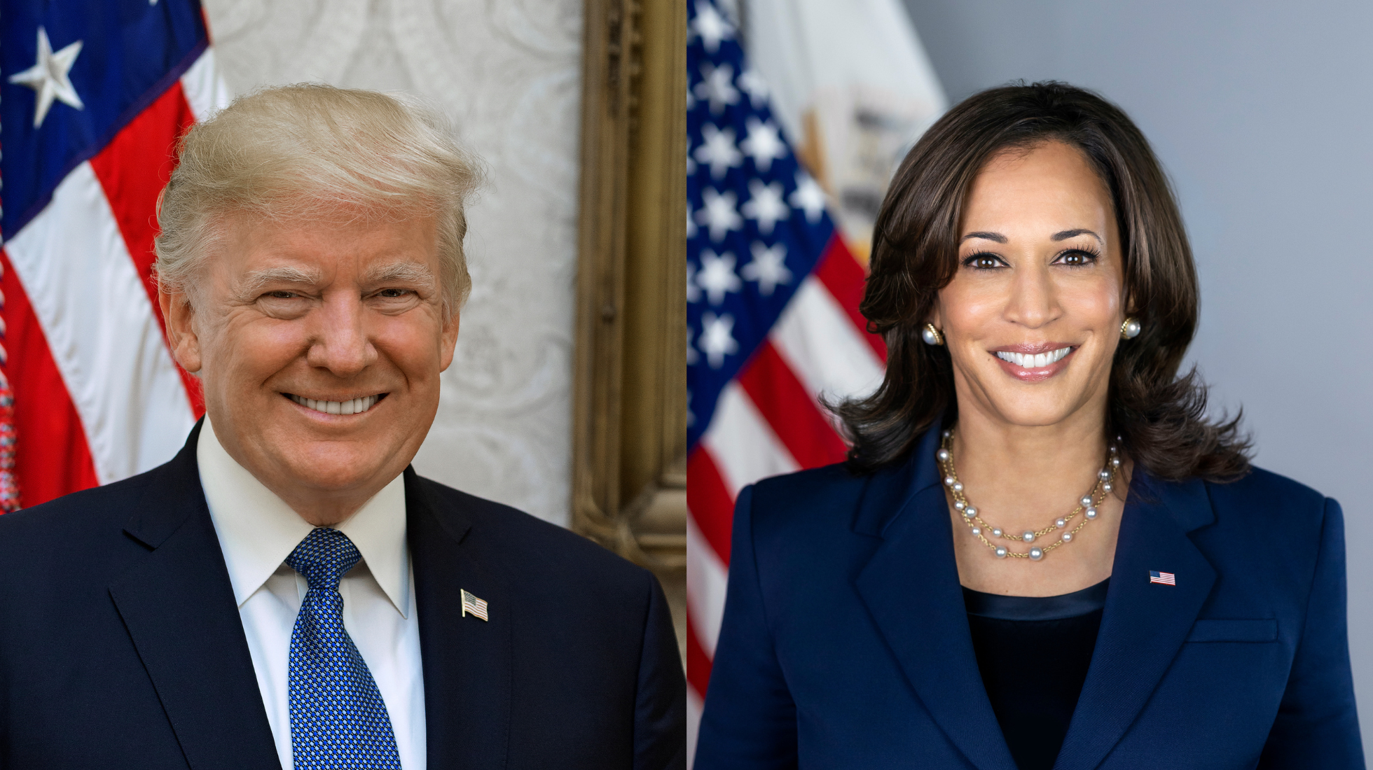 Donald Trump, R, left, and Kamala Harris, D, right, compete to be the next President of the United States. Source: campaign websites