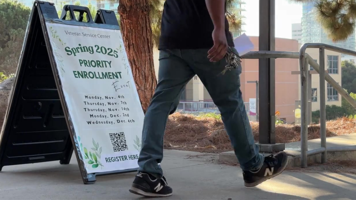 A City College staff member walks by a sign advertising the start of spring registration, Thursday, Nov. 21, 2024. Photo by Ryan Ryan Matthysse/City Times Media