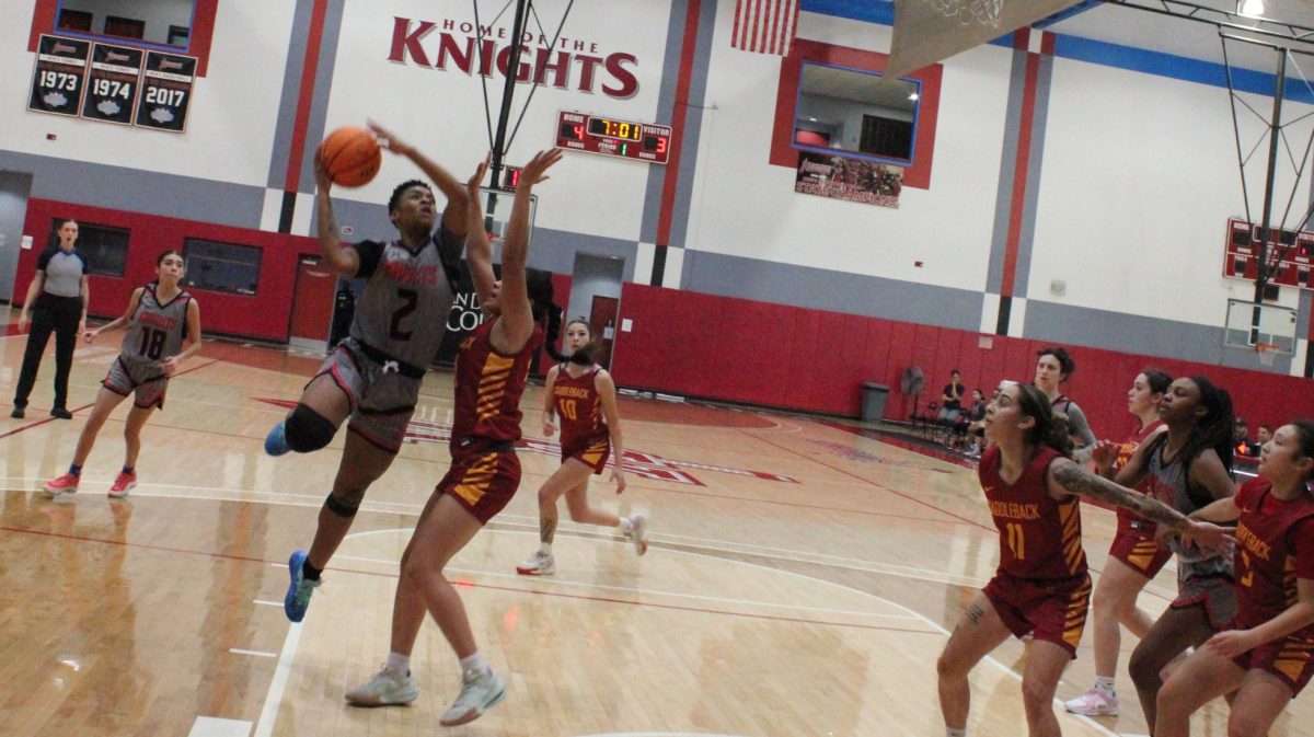 San Diego City College center Dahlia Blake (2) attempts a layup during the Knights 56-51 victory over Saddleback College at Harry West Gym, Saturday, Nov. 23, 2024. Photo by Danny Straus/City Times Media