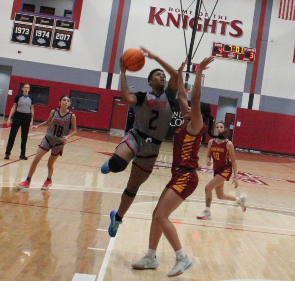 San Diego City College center Dahlia Blake (2) attempts a layup during the Knights 56-51 victory over Saddleback College at Harry West Gym, Saturday, Nov. 23, 2024. Photo by Danny Straus/City Times Media