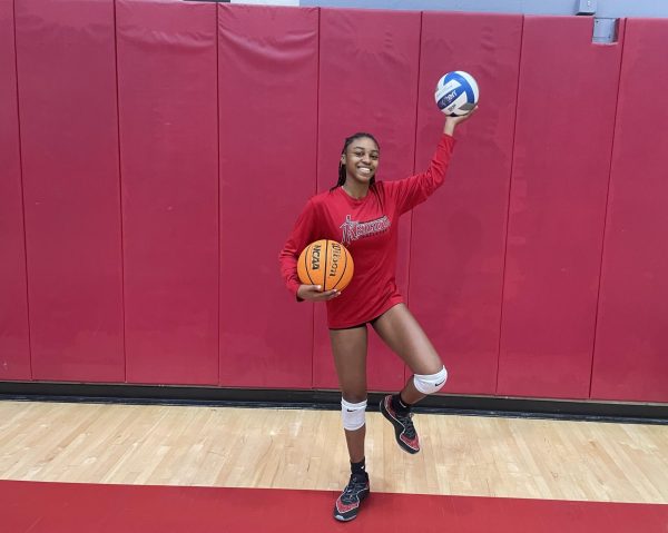  City College two-sport athlete Aamori Daniels poses with a basketball and volleyball at Harry West Gym, Wednesday, Dec. 11, 2024. Photo by Danny Straus/City Times Media 
