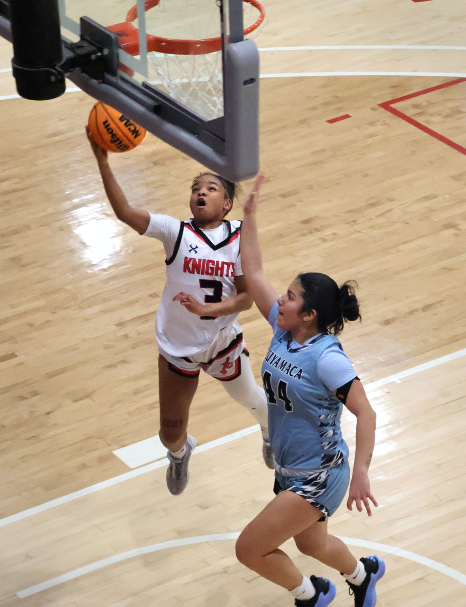 City College sophomore guard D’Ajanae Lewis (3) goes up for a layup over Cuyamaca sophomore Catherine Jordan (44) during the second half of City’s 67-41 victory over the Coyotes at Harry West Gym, Wednesday, Feb. 12, 2025. Photo by Blaze Bailey/City Times Media