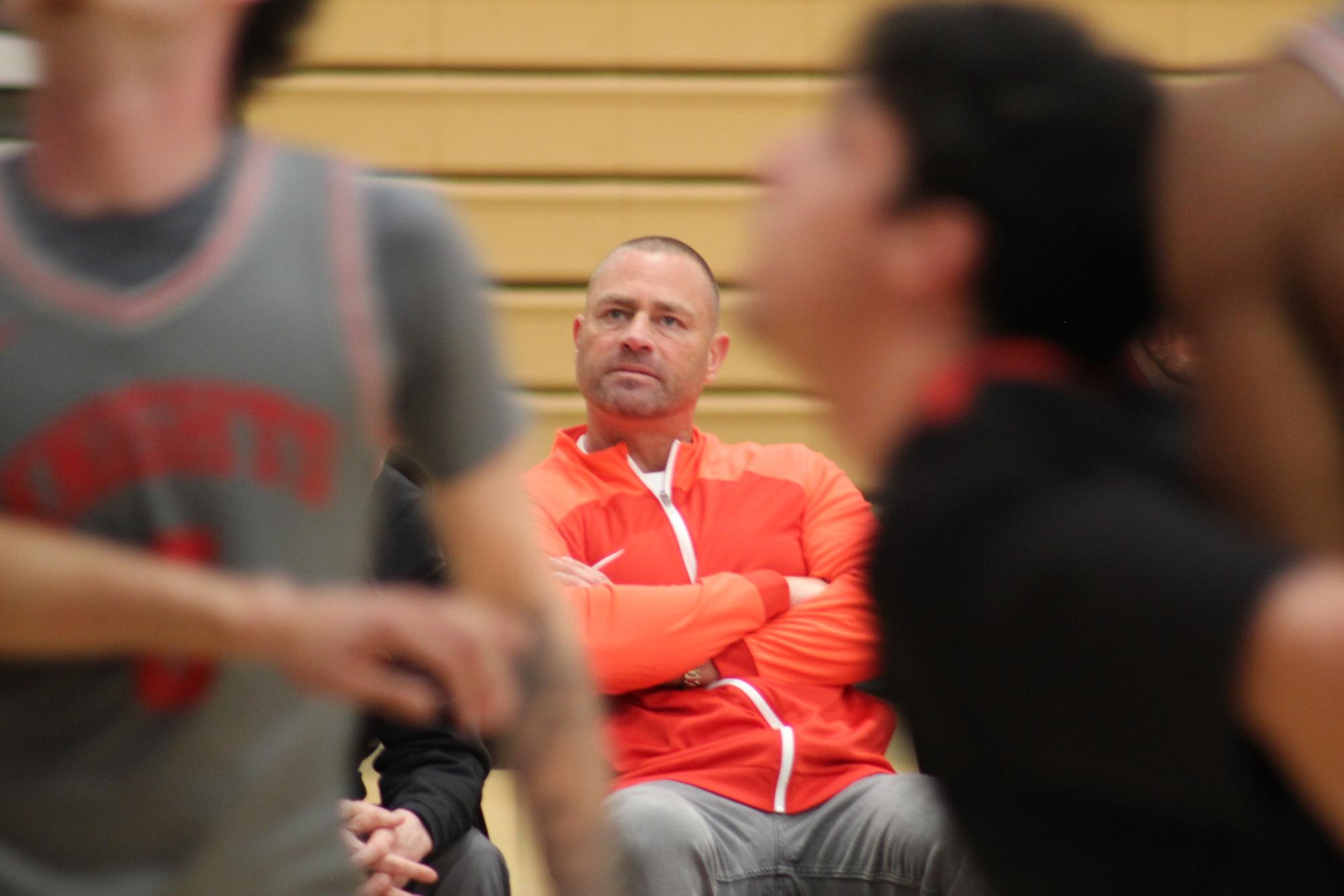PCAC Coach of the Year Mitch Charlens watches his team in action against Palomar at Harry West Gym, Friday, Feb. 21, 2025. Photo by David J. Bohnet/City Times Media 