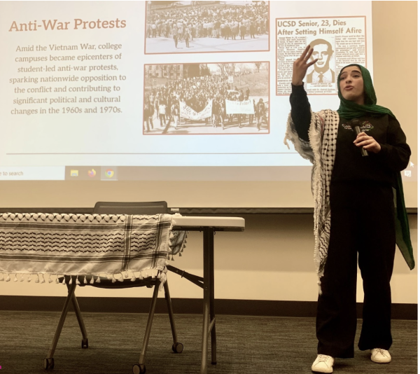 Samar Ismail, a CAIR representative, educates students at the MS Auditorium during the teach-in at San Diego City College, Wednesday, Feb. 19, 2025. Photo by Keila Menjivar Zamora/City Times Media 