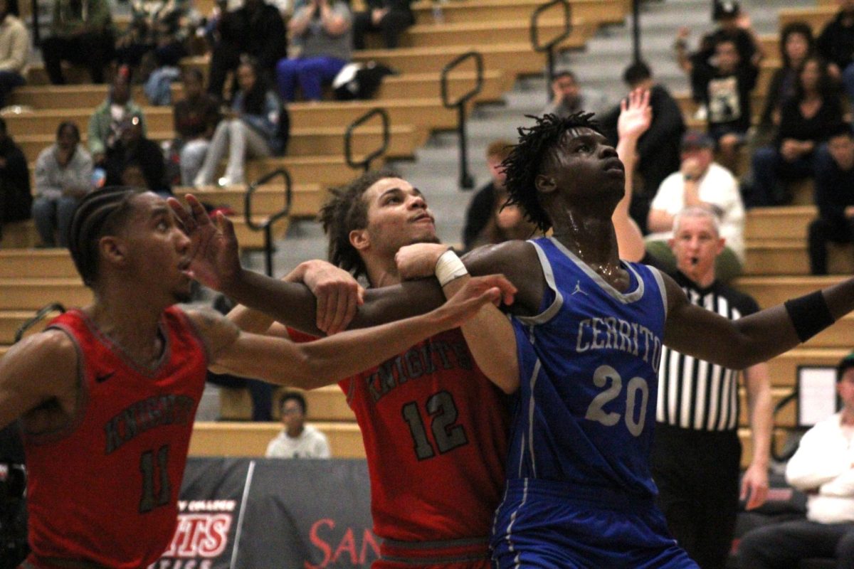 City College guard Logan Huston (11), far left, and forward Micah Brickner (12), center, battle for position with Cerritos forward Spencer Ezewiro (20), far right, during City’s 75-65 playoff loss to Cerritos at Harry West Gym, Saturday, March 1, 2025. Photo by Nadia Lavin/City Times Media 
