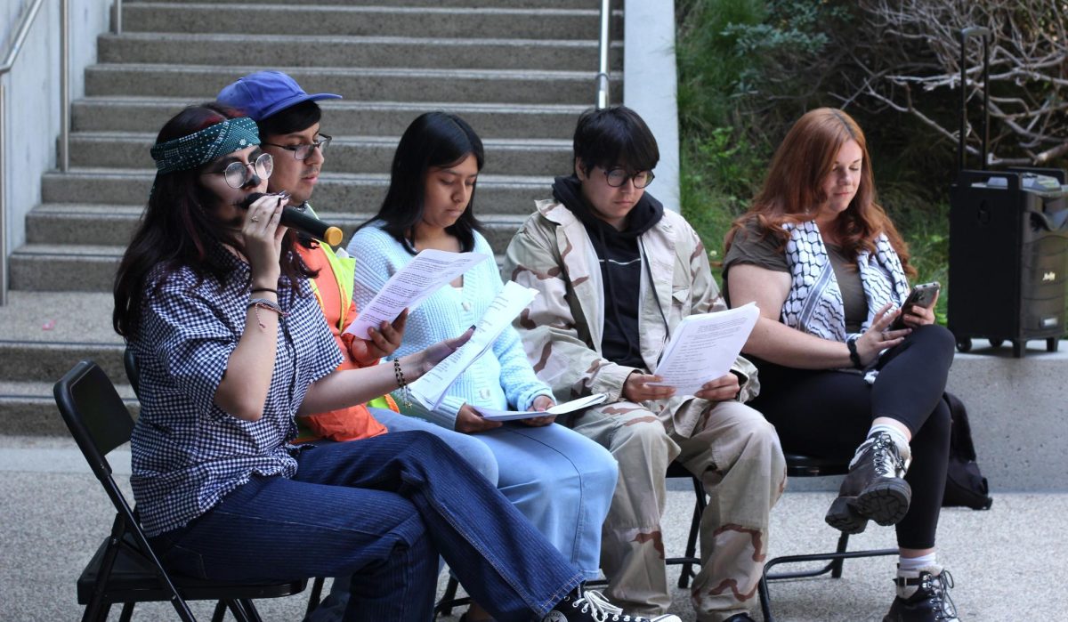 Chicano Theater students perform a contemporary adaptation of the 1971 play Soldado Razo at the May Day walkout at the MS Quad on Thursday, May 1, 2025. Photo by Itzel Martinez/City Times
