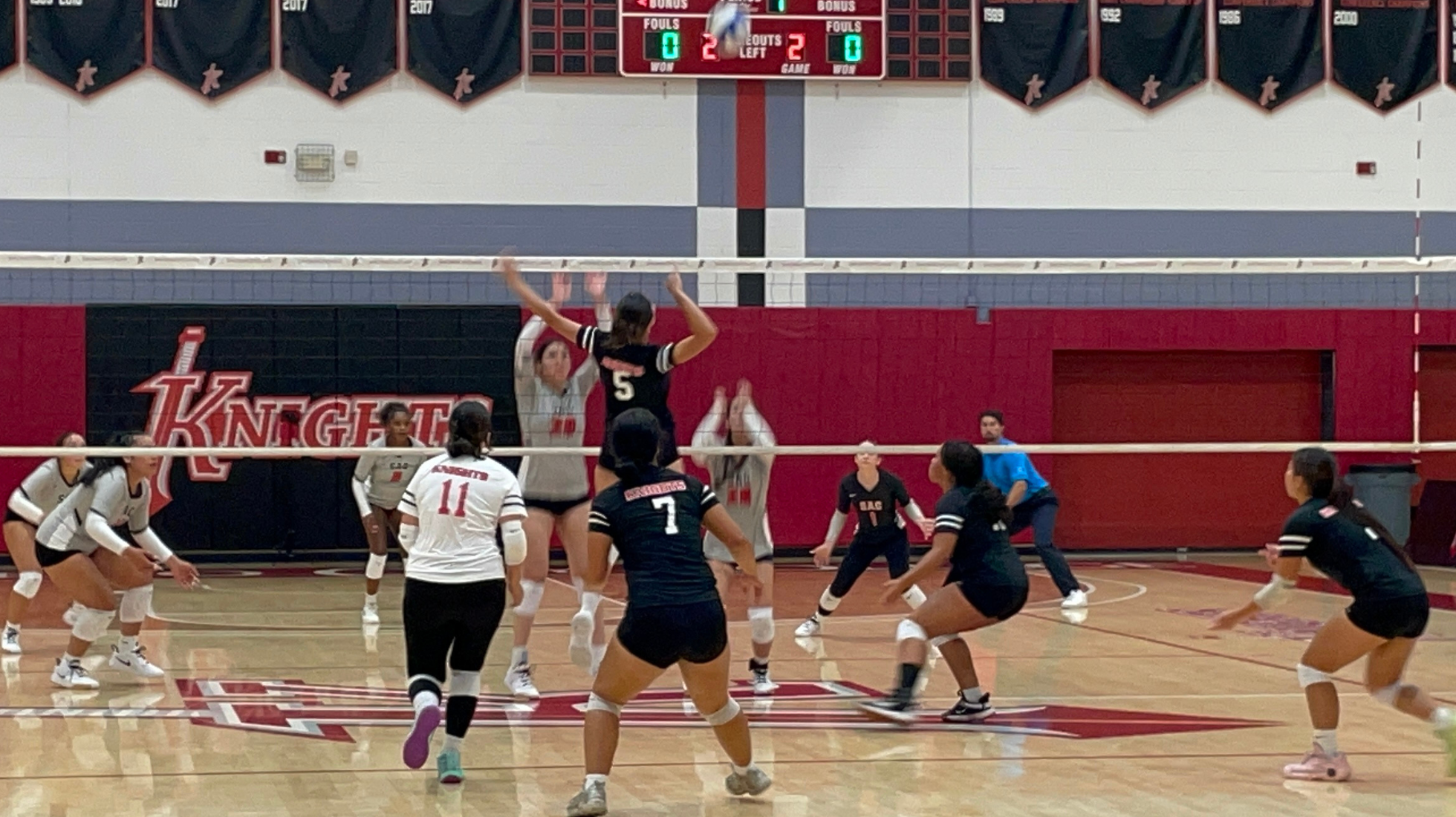 City College outside hitter Danna Gallardo (5) makes contact to score a point for the Knights against Santa Ana College at Harry West Gym Wednesday, Aug. 27, 2025. Photo by Itzel Martinez/City Times Media