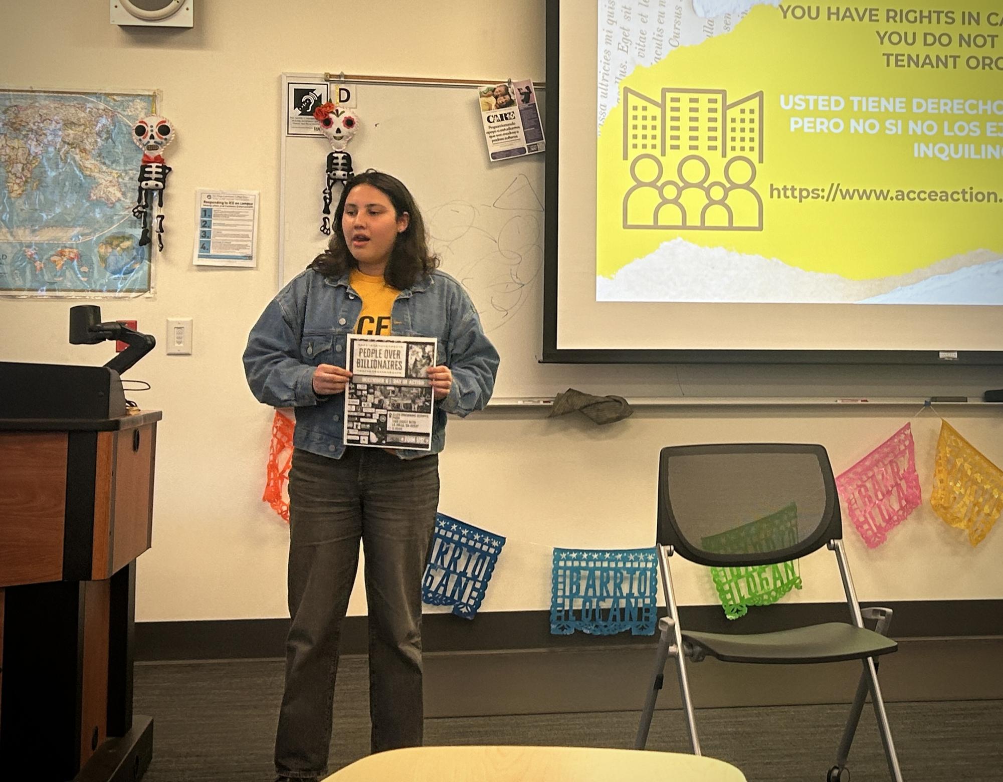 Housing organizer Ana Ramos encourages workshop attendees to take part in a protest at the Know Your Rights! Renters Rights Workshop in MS-462, Thursday, Dec. 4, 2025. Photo by Nadia Lavin/City Times Media