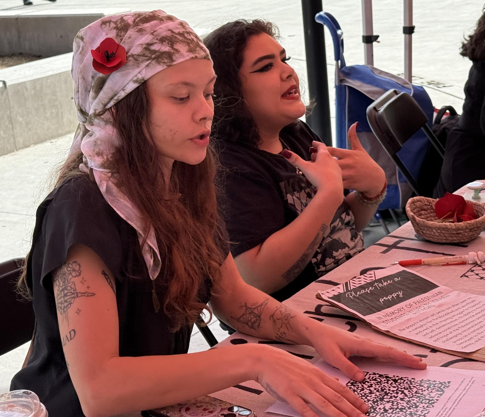 Students for Justice in Palestine club members Grae Fairlie, left, and Zavahna Chavarin, right, inform students about their club and how to join at the City College Valentine's Day Club Rush event, Thursday, Feb. 12, 2026. Photo by Mikey Gonzales/City Times Media