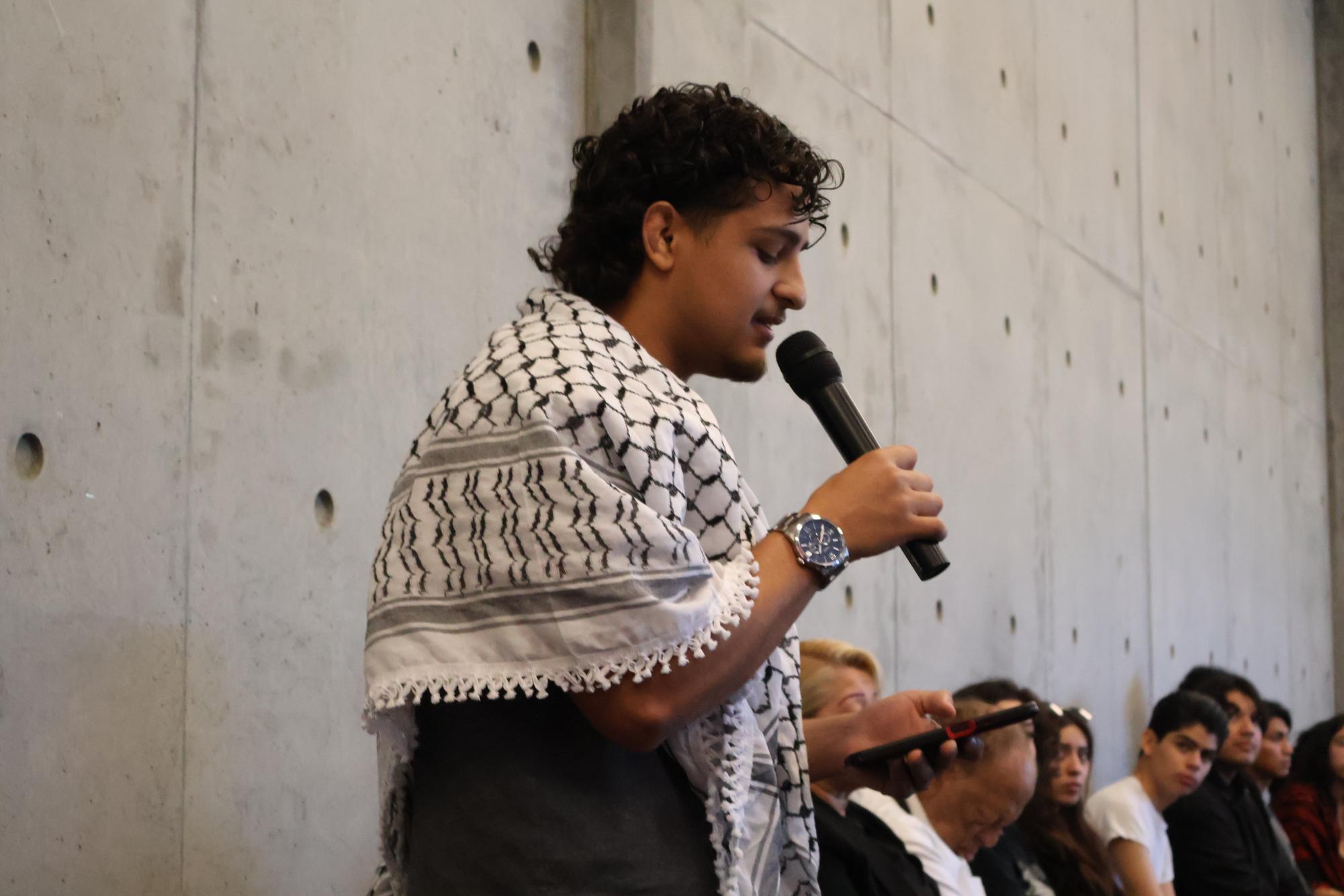 City College student Sebastian Hernandez gives a public comment at the Academic Senate meeting in support of the ethical standing resolution in MS-162, Monday, March 9, 2026. Photo by Rosemary Archer/City Times