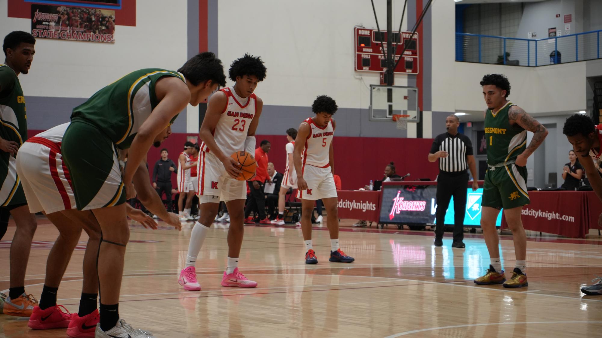 City College basketball player Dylan Griffin (23) prepares to shoot a free throw against Grossmont College at Harry West Gym, Wednesday, Dec. 17, 2025. Photo by Varun Chaturvedi/City Times Media