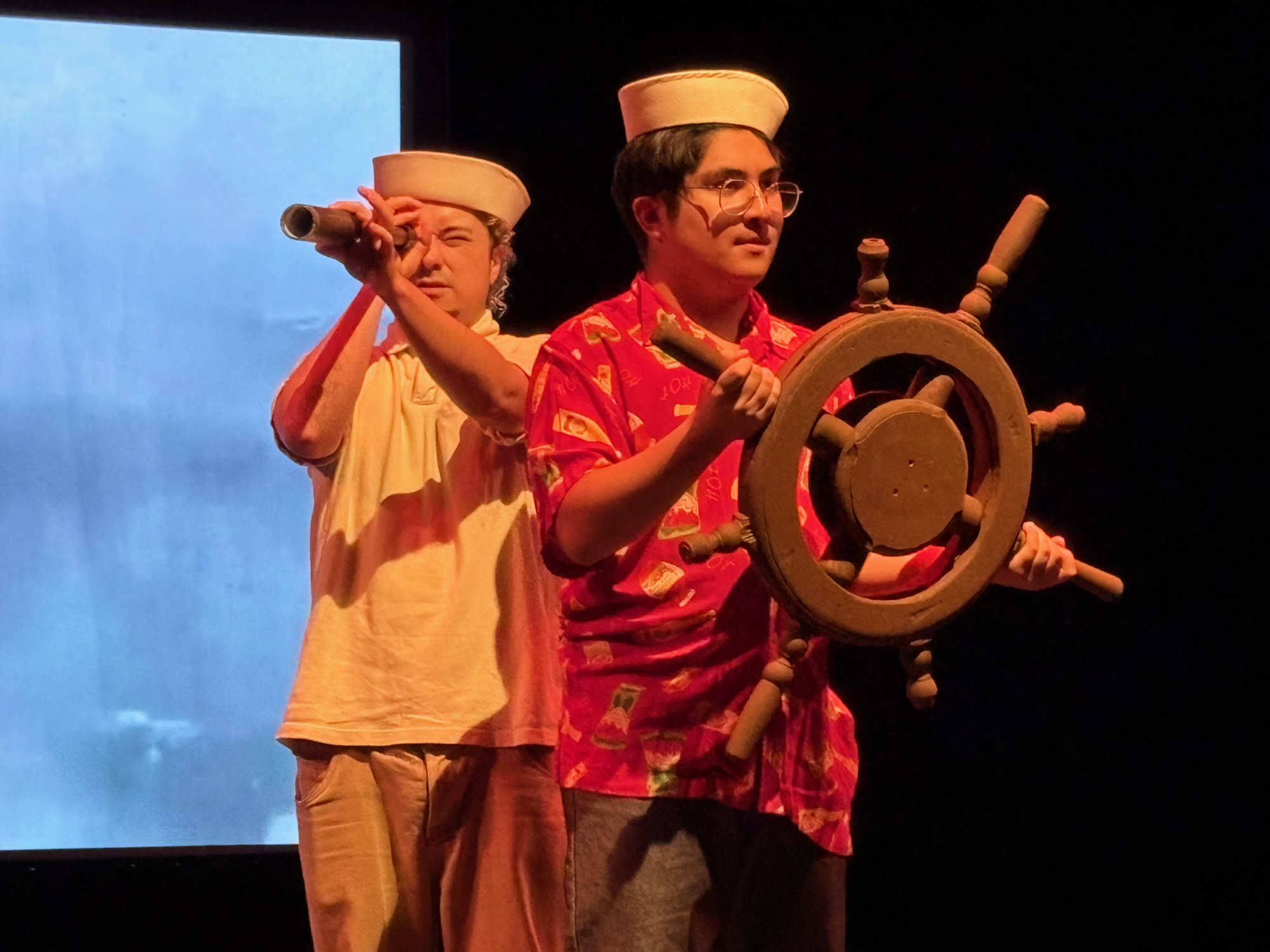 Two sailors, played by Quipachtli Martinez, left, and Ty Menor, right, partake in a dangerous journey across open waters in the 11th Annual Festival of New Plays at the Black Box Theater, Thursday, March 19, 2026. Photo by Crow Ruiz/City Times Media