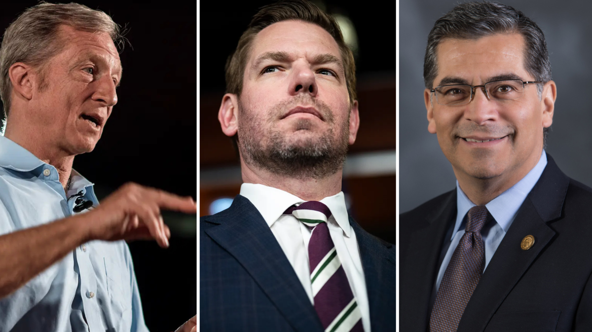 Candidates on the June 2 primary ballot for California governor include Tom Steyer, left, Eric Swalwell, center, and Xavier Becerra, right. City Times graphic