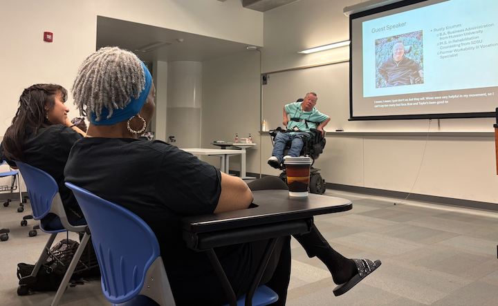 Rusty Krumm, a guest speaker, talks about his life story in front of students of the Introduction to Disability Studies class, Tuesday, March 24, 2026. Photo by Crow Ruiz/City Times Media