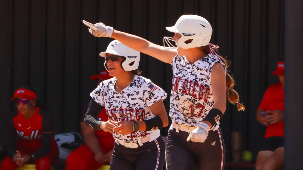City College softball players Nicole Fonti, right, and Dakota Chazaro, left, celebrate the first two runs of the game against Imperial Valley, March 17, 2026. City Athletics photo