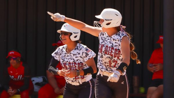 City College softball players Nicole Fonti, right, and Dakota Chazaro, left, celebrate the first two runs of the game against Imperial Valley, March 17, 2026. City Athletics photo