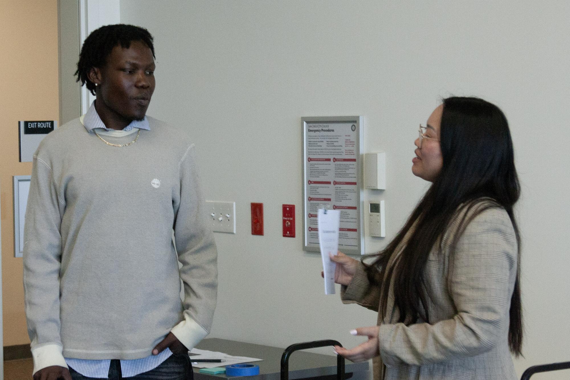 City College alumnus Anthony Dramani, left, meets with Inclusive City Achievement Network counselor Kelly Giang, right, after the Life After City transfer student panel in BT-312, Tuesday, April 28, 2026. Photo by Chrisdan Peralta/City Times Media